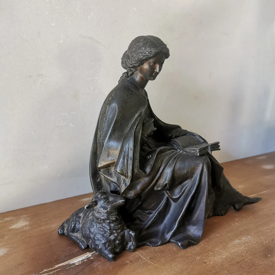 Statue Régule Liseuse Avec Mouton - Photo 2/4