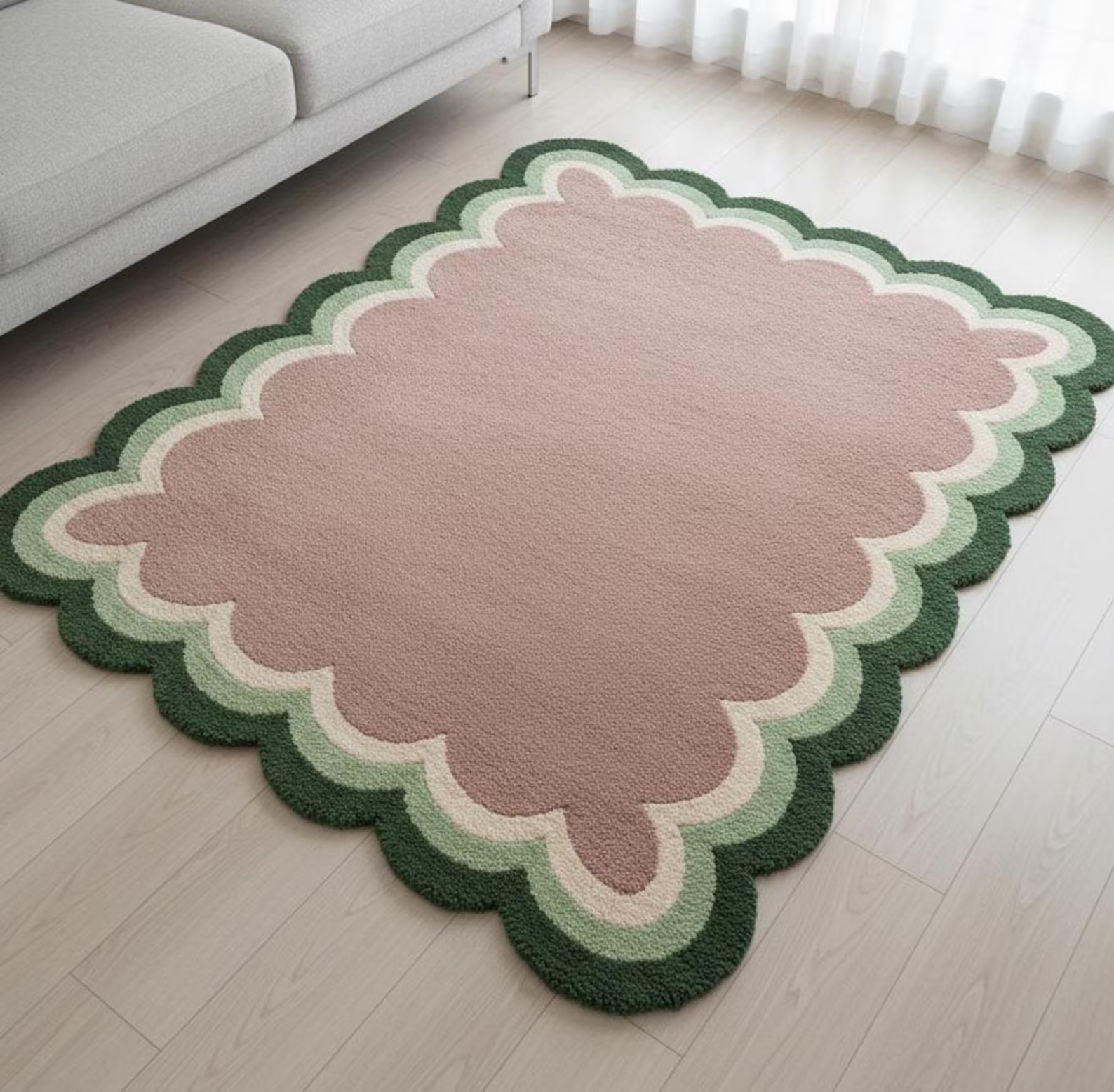 Scalloped Wool Area Rug - Handmade Cut Pile Tufted Carpet | Pink & Green Designe