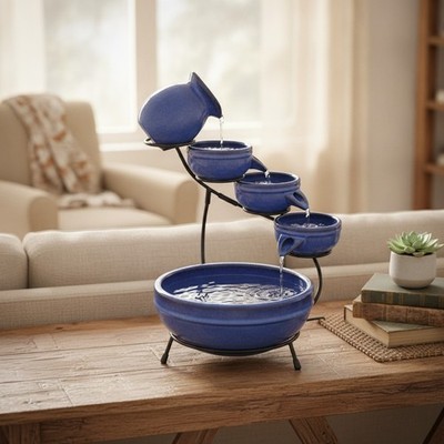 49cm Keramik Solar Brunnen 5-stufig kaskadierend Outdoor Garten Wasserspiel