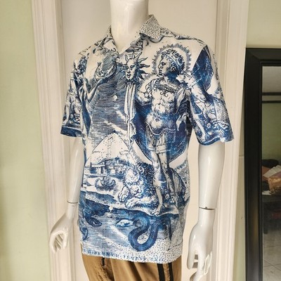 Mens Egonlab Blue White Mythological Graphic Short Sleeve Button Down Shirt A22