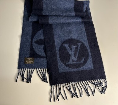 Louis Vuitton Wool Cashmere Muffler Scarf Lv Logo Blue | eBay