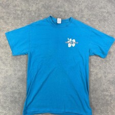 Port  Company Shirt Mens M Blue Trader Joe's Hibiscus Graphic Tee Back Print