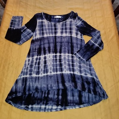 Kathmandu Tunic Top Womens M Long Sleeve  Blue White Tie Dye High Low Hem