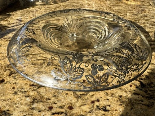 Silver city glass, 3 footed Flanders glass bowl  sterling silver overlay vintage