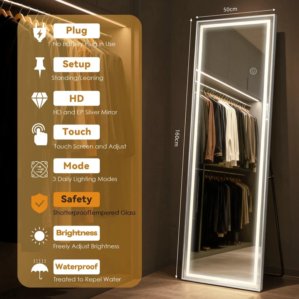 LED Beleuchtung Standspiegel Freistehend 160cm Flurspiegel Glas Garderobe Gro - Bild 4 von 4