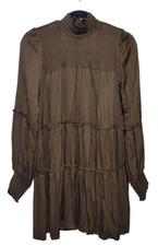 Olivaceous Long Sleeve Tiered Smocked Mini Dress Brown Medium Babydoll Boho