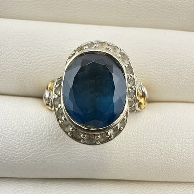 #ad Victoria Wieck Ring Blue Topaz Sterling Silver 925 Oval 8 Gold Clad HSN Ornate $89.00