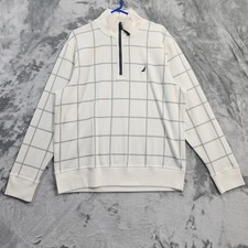 Nautica Sweatshirt Mens L White Windowpane Check Mock Neck 1/4 Zip Pullover