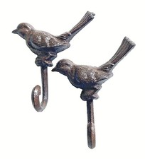 Set of Two Bird Wall Hooks Cast Iron Key Towel Coat Hanger Rustic Antique Style