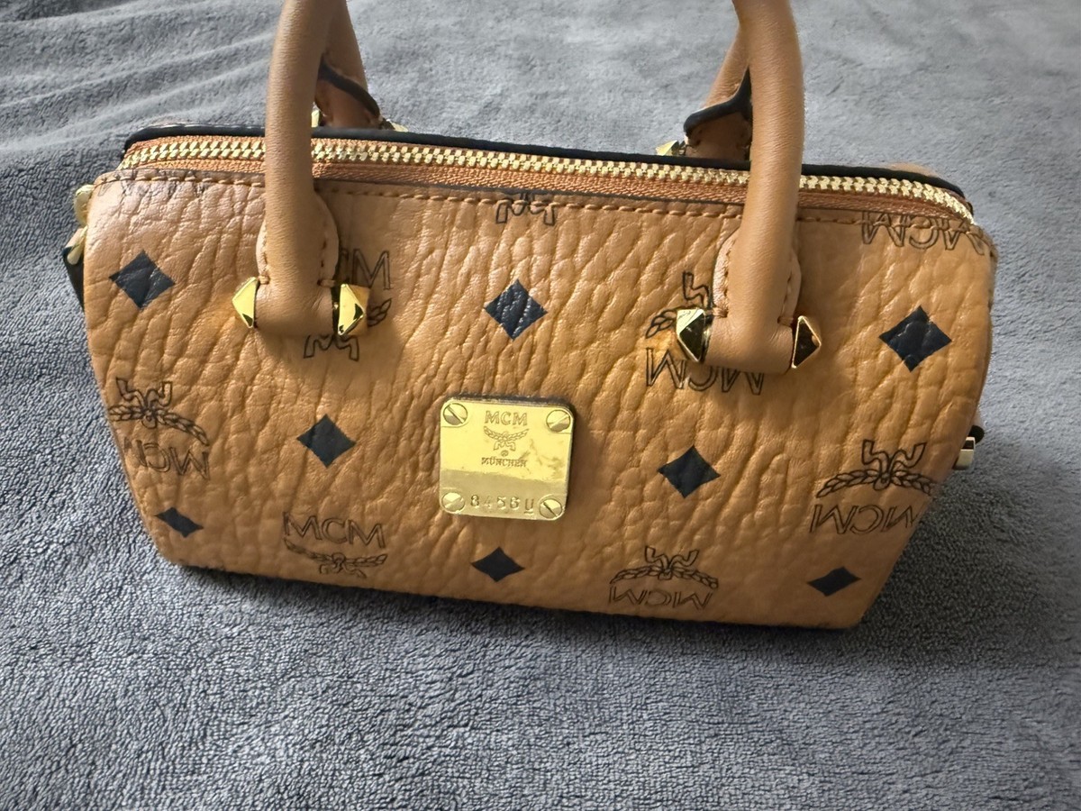 MCM Mini Boston Bag Crossbody Handbag Visetos Original Cognac | eBay