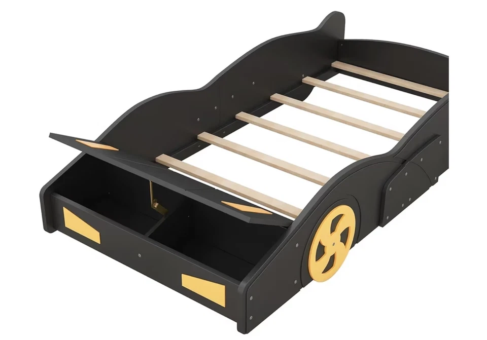 Cama de plataforma en forma de coche de carreras tamaño doble con ruedas y almacenamiento, negra + amarilla Foto 4 de 4
