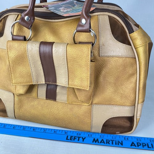 NEW w TAG! Yellow Brown SMALL PET CARRIER! Soft Travel Bag Vents Pockets Leather - Picture 4 of 15