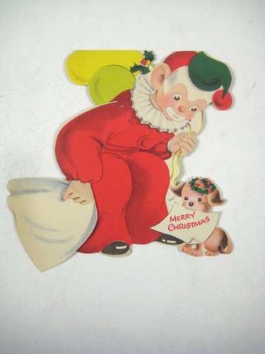 Norcross Santa Claus Clown Dog Christmas Greeting Card 1949 Used Die Cut Moving - Picture 4 of 8