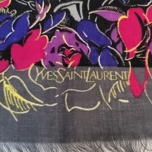 2 VTG YSL Yves Saint Laurent Wool Scarfs, Floral Geometric Pattern Square Fringe - Picture 5 of 11