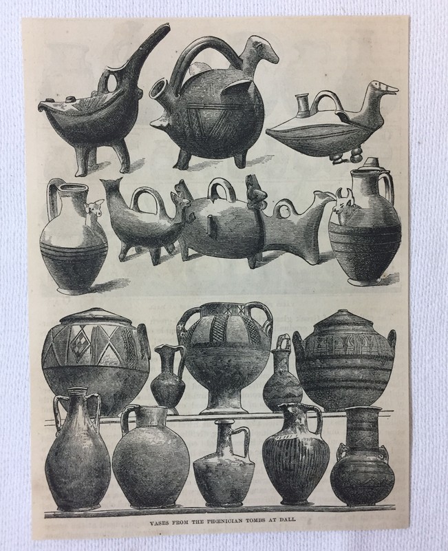 1872 magazine engraving~ VASES FROM THE PHOENICIAN TOMBS AT DALL