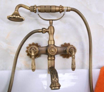 Antique Brass Clawfoot Bath Tub Faucet with Handshower - Wall Mount fna222
