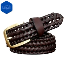 GENUINE LEATHER Woven Mens Dark Brown Luxury Belt Stylish Braided Waist Strap