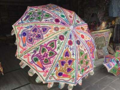 indian fringed patio umbrellas Gabriel Yellow and White Striped Parasol with Tilt Turn your backyard or patio into a tropical island paradise with this macrame umbrella Indian Block Print Beach &