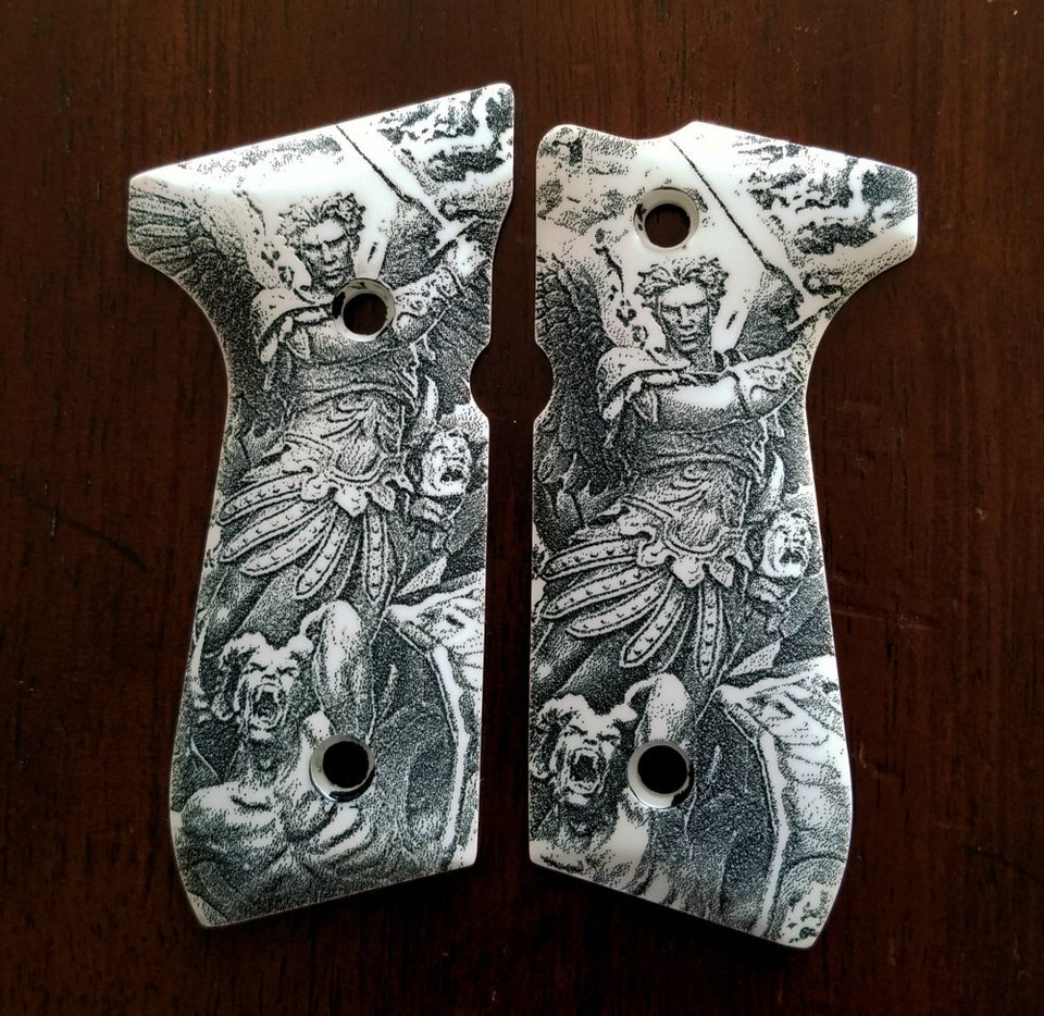 Custom Engraved Ivory Scrimshaw Grips For Beretta 92/92FS/96 - Scroll & Trident Logo