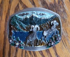 Vintage C J 1985 Big Horned Rams Sheep Mountain Scene Color Belt Buckle