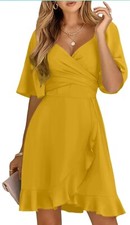 Women's Wrap V Neck Short Flared Sleeve Smocked Elastic Waist  -SMALL NWT