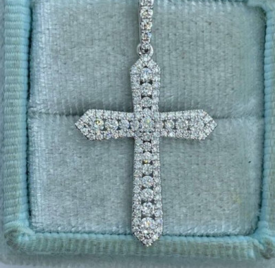 2 Ct Round Cut Lab Created Diamond Cross Pendant 14K White Gold Finish 18'' Free