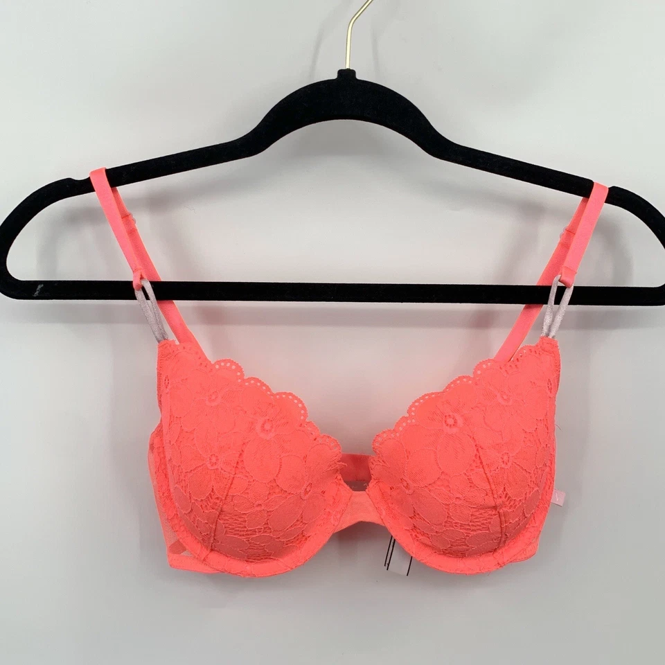 Victoria's Secret 32D Bra Florescent Orange Floral Lace Demi Lined Underwire - Image 3 of 4