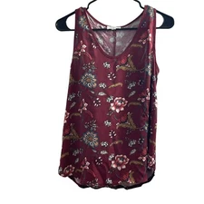LOFT Outlet Petite Floral Maroon Sheer Front Tank Top Shirt Blouse Size SP Small