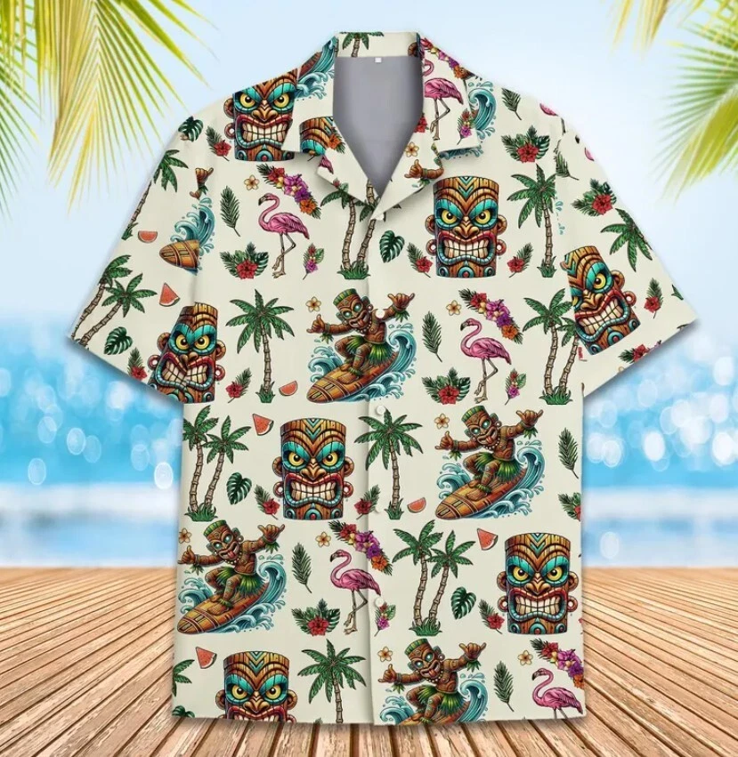 Tiki Surfing Hawaiian Shirt Men Women Youth, Tropical Flamingo And Tiki