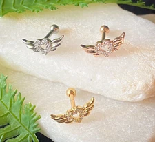 1pc CZ Gem Paved Heart w/ Wings Tragus Helix Cartilage Barbell Ring 16g 1/4"