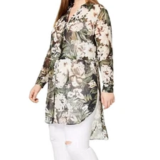 INC International Concepts High-Low Tunic Shirt Sz Medium Oversize Sheer Floral 