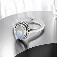 Solid Silver Rainbow Moonstone Stone Statement Handmade Crown Chakra Ring US 7