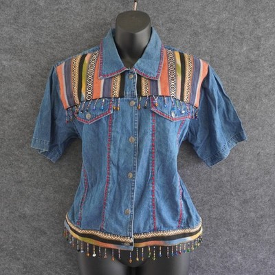 Keren Hart Vintage Denim Jacket Medium Blue 100% Cotton Boho Southwestern Beaded