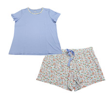 Lands End Womens Lounge Pajama Set Sleepwear Large Size Blue Top Printed Shorts
