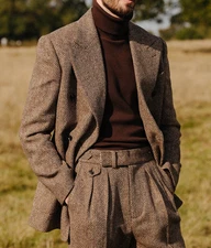 Business Men Suits Herringbone Regular Fit Formal Peak Lapel Double Breasted New