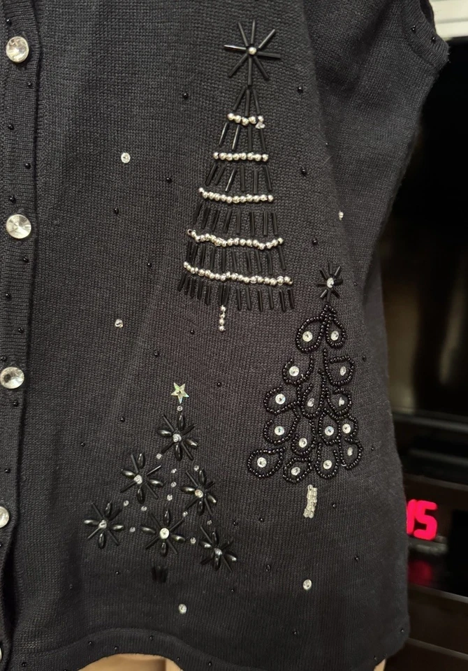 Mercer Street Studio Cuentas Navidad Negro Tejido Suéter Chaleco Adornado talla M Foto 3 de 4