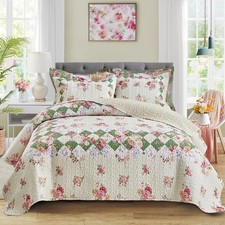 Patchwork Quilt Set Queen Size,3 Pieces Pink Cream Green Floral Plaid Reversible