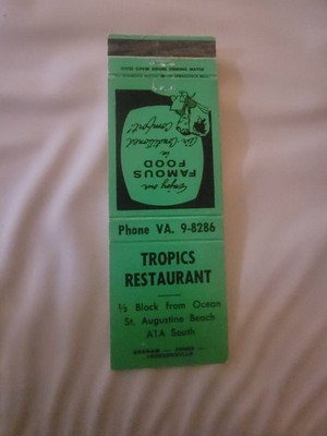 Vintage Matchcover  Tropics Restaurant St Augustine Beach 