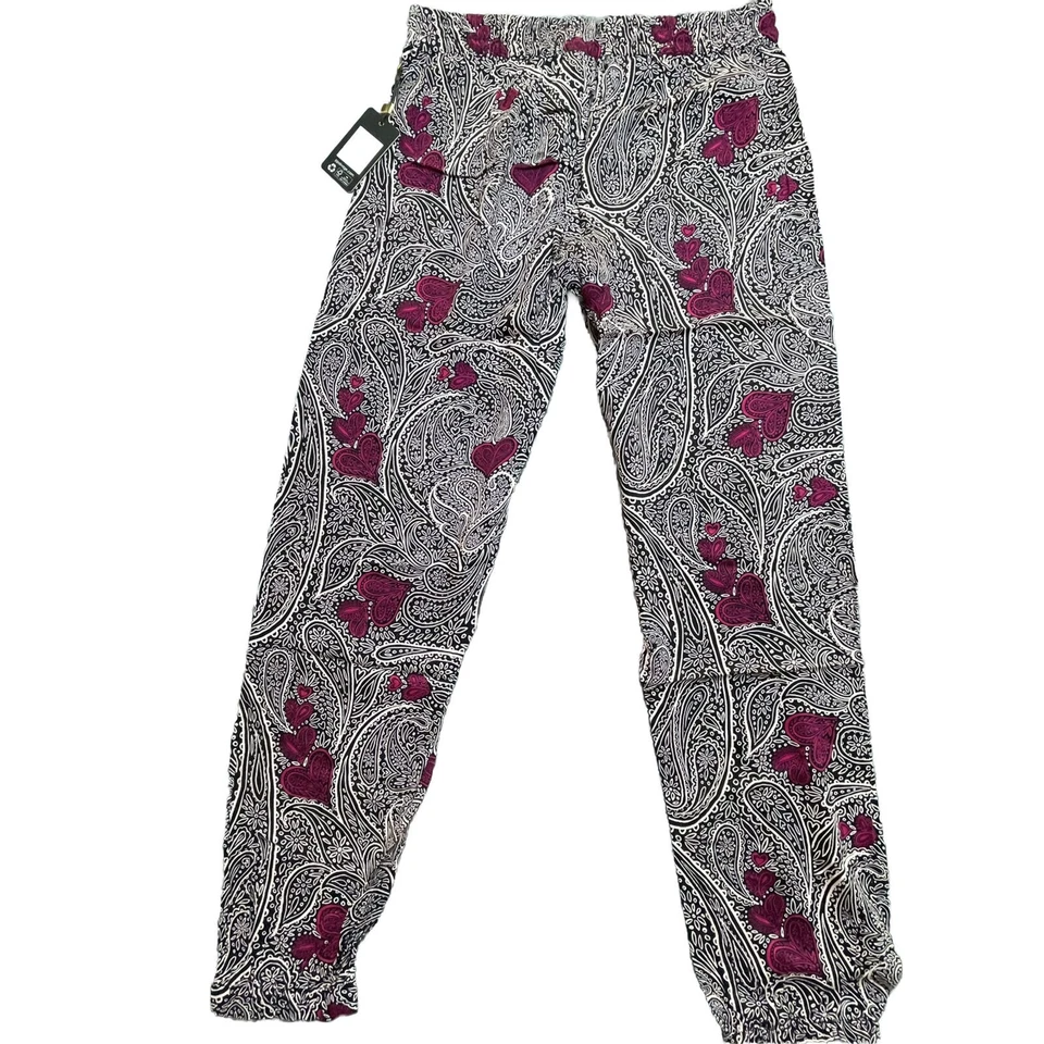 PJ Salvage Pants Womens Medium Black Pink Hearts Paisley Taper Lightweight - Image 2 of 4