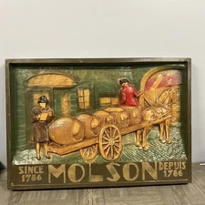 VTG Molson Beer Sign 3D Relief Since Depuis 1786 Barrel Wagon Pub Man Cave Adver