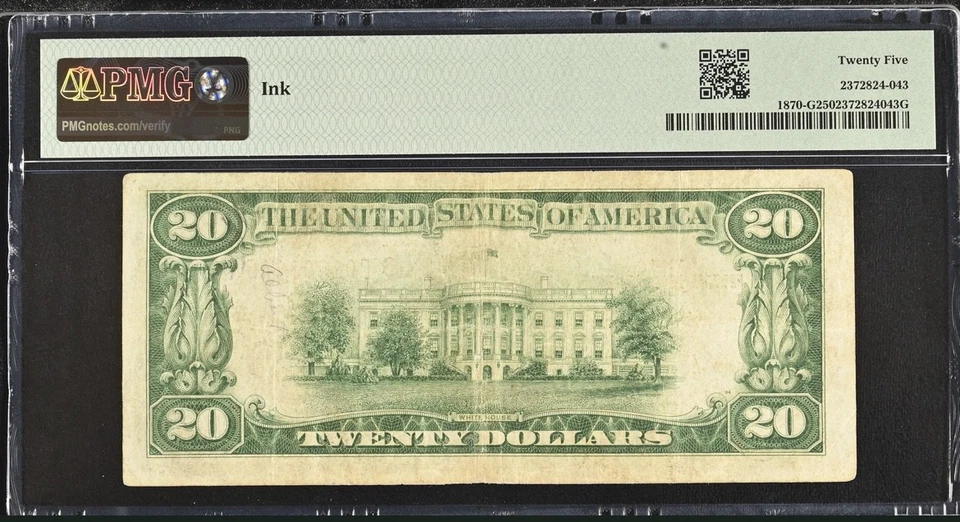 1929 $20 Federal Reserve Bank Note Chicago Fr. 1870-G Jones Woods PMG VF25 Ink - Image 2 of 2