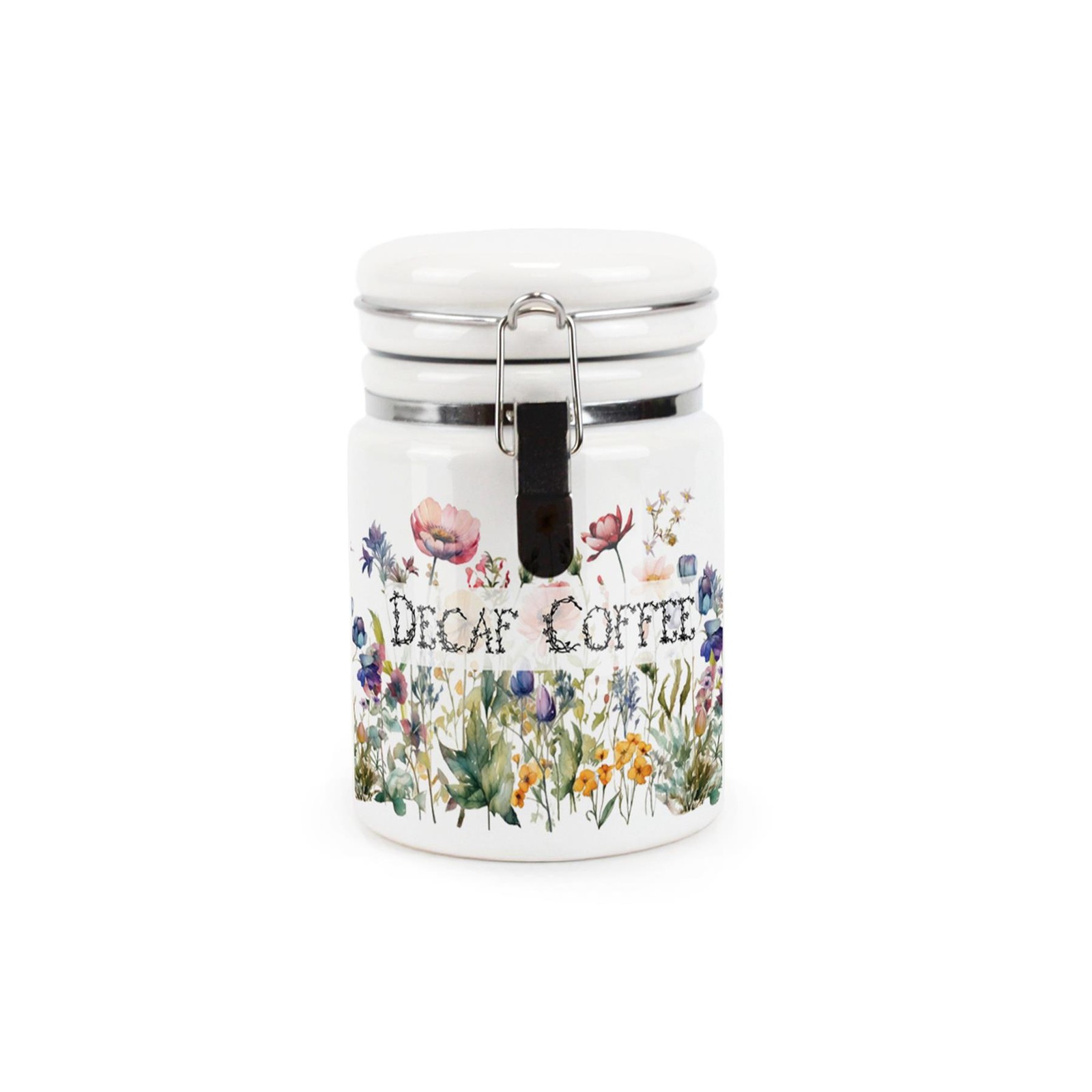 Ceramic Clip-Lid Wildflowers Canister - Decaf Coffee Storage Container