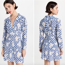 Rixo 2 Renata Blue Gingham Daisy Floral Collared Long Sleeve Mini Dress Retro