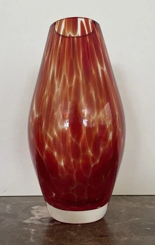 Red Mottled Speckled Murano Hand Blown Art Glass Vase 6" MCM Holiday