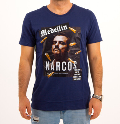 Pablo Escobar Shirt T-Shirt Medellin Narcos Blau Rundhals Kurzarm Plus Eighteen