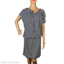 Calvin Klein Navy Blue White Asymmetrical Neck Striped Ruched Knit Dress Size 10