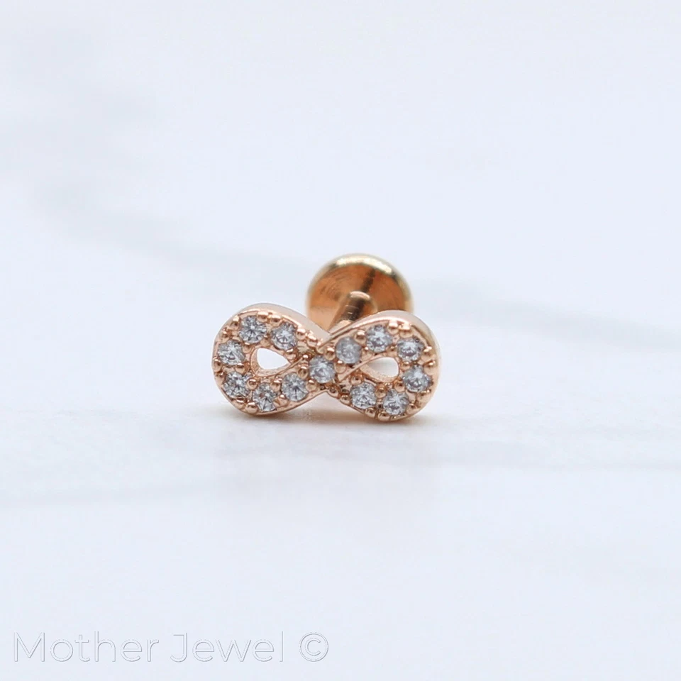 SIMULATED DIAMOND INFINITY SILVER 14K ROSE YELLOW GOLD IP 6MM CARTILAGE STUD - Image 4 of 4