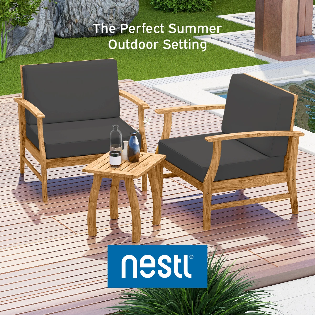 3 Piece Patio Chairs Wooden Outdoor Bistro Set by Nestl 2 Porch