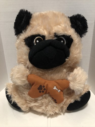 GOFFA Pug Soft  plush  tan black earred Dog With Attached Dog Bone Toy￼ - Imagen 1 de 8