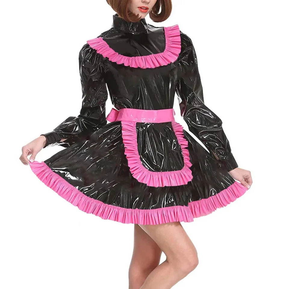 Adult Lockable Turtleneck Maid Uniforms Sissy Long Sleeve Crossdresser Outfits - Image 3 of 4